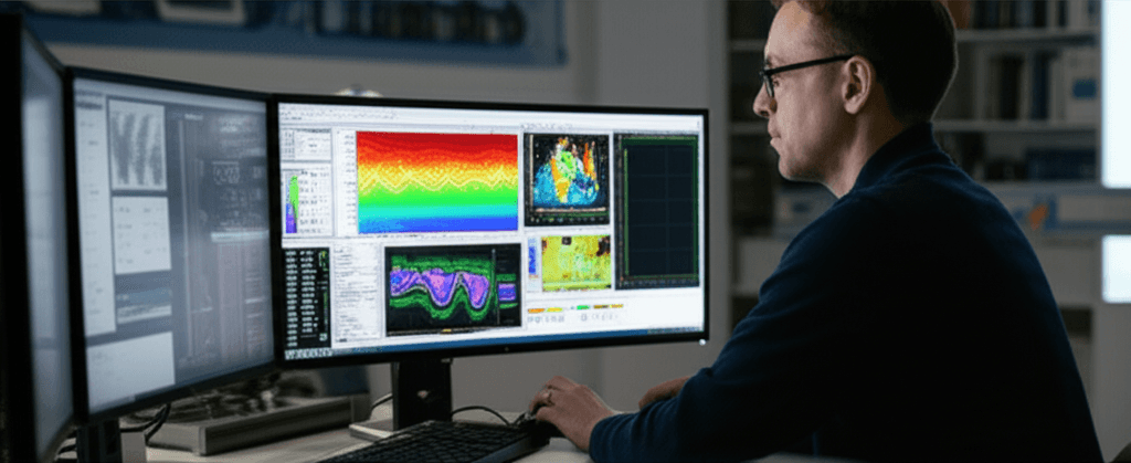 Geoscientist reviewing seismic interpretation data