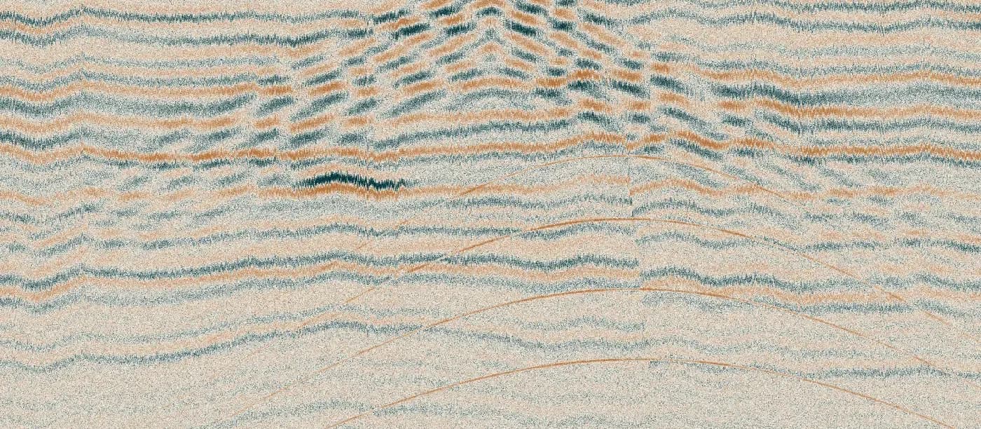 Raw seismic section with random noise, ground roll, static shifts and unmigrated diffractions
